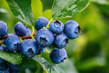 Fototapeta premium Blueberry Tree. Close-Up of Fresh Blueberry on Branch with Green Leaves