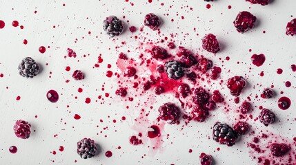 Berries scattered on a white surface with splatters of juice creating an artistic appearance during a creative cooking session
