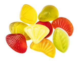 Colorful fruit-shaped gummy candies on transparent background
