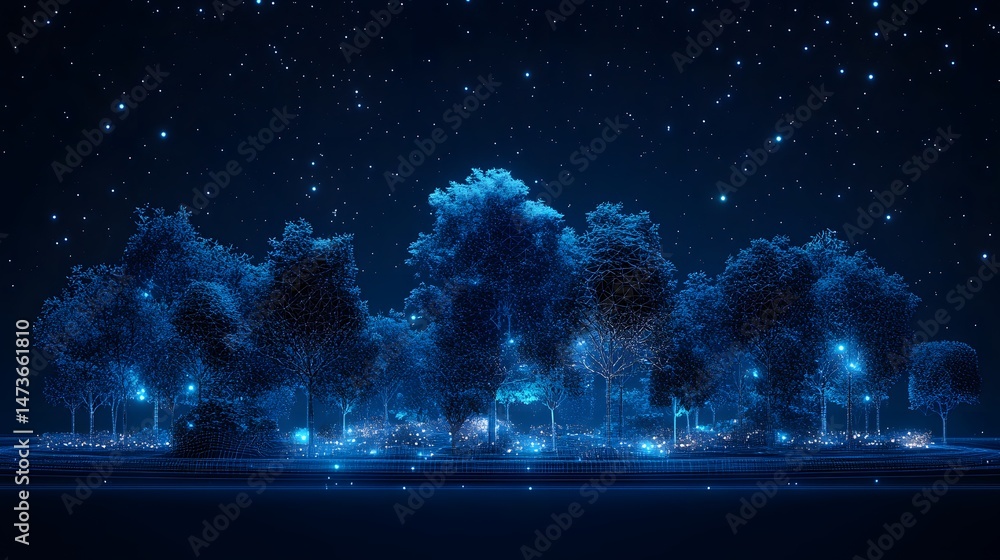 Poster futuristic park at night featuring wireframe trees and glowing orbs under a starry sky. surreal digi