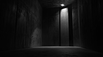 Dark, concrete corridor with a single light source