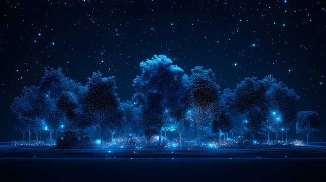 Futuristic park at night featuring wireframe trees and glowing orbs under a starry sky. Surreal digital landscape blending nature and technology. Abstract wireframe in dark blue