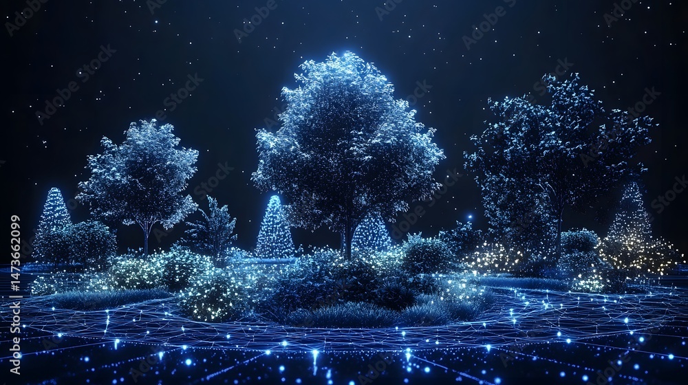 Aufkleber Enchanting nighttime park scene featuring glowing trees and vegetation under a starry sky. A digital grid overlay adds a surreal touch. Ideal for fantasy concepts. Abstract wireframe in dark blue.