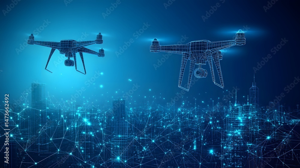 Aufkleber futuristic cityscape with wireframe drones hovering above. the digital blue aesthetic conveys a sens