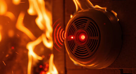 Smoke detector with red alarm light activated near bright flames. Fire safety device for emergency warning systems, home protection equipment and fire prevention campaigns