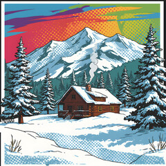 Naklejka premium Cozy Mountain Cabin in a Snowy Winter Wonderland A Serene Escape to Nature's Embrace