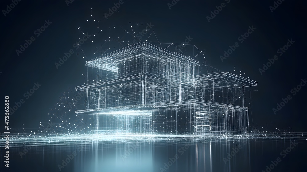 Poster Futuristic multi-story building wireframe on dark blue gradient, reflecting on glossy surface. Network of connected dots suggests digital connectivity. Abstract wireframe in dark blue