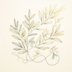 Naklejka premium Elegant Olive Branch Line Art - Gold Accent Botanical Illustration 