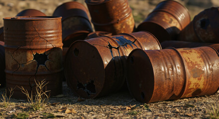 Rusty oil barrels with holes and cracks abandoned on dry ground. Industrial waste hazard for environmental contamination risk assessment, proper disposal advocacy and pollution prevention campaigns