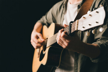 Obraz premium Close-up of a guitar in the hands of a musician.