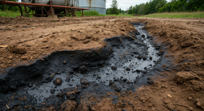 Oil spill flowing through sandy channel near industrial storage facility with black toxic sludge contaminating soil. Environmental pollution incident for hazardous waste management, soil remediation