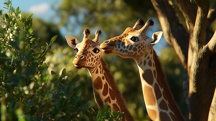 Giraffes stand tall in golden African savannah grasslands high resolution picture