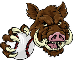 A wild boar, hog razorback warthog pig mean tough cartoon sports mascot holding a baseball ball