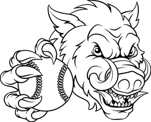 A wild boar, hog razorback warthog pig mean tough cartoon sports mascot holding a baseball or softball ball