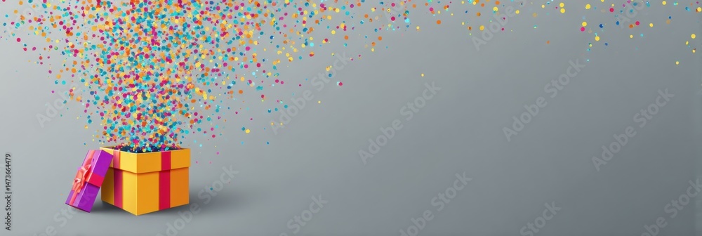 Poster Vibrant Gift Box Bursting With Colorful Confetti on a Soft Gradient Background Celebrating Joy and Excitement