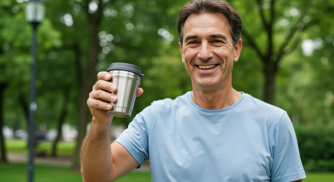 Smiling man in light blue t-shirt holding stainless steel reusable coffee cup in green park. Eco-friendly lifestyle choice for sustainable living, morning refreshment and environmental consciousness