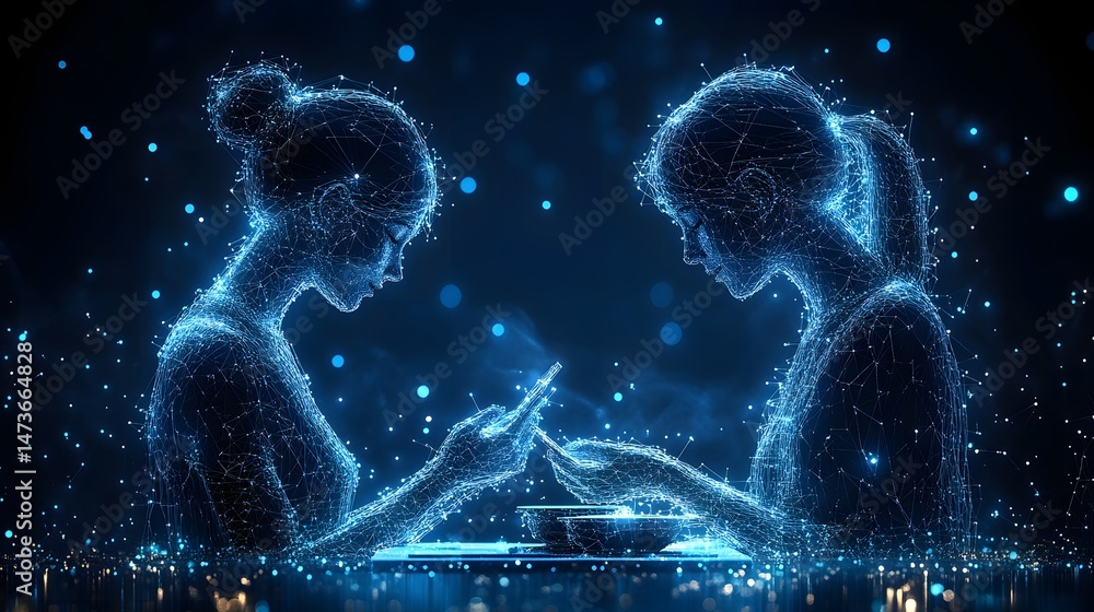 Leinwandbilder Futuristic figures communicate via smartphones at a table. Glowing blue lines depict advanced tech, suggesting digital connection and modern communication Abstract wireframe in dark blue.