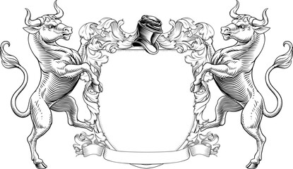 Bull coat of arms or crest family heraldry medieval heraldic knight shield with helmet and acanthus filigree scroll ornament. In a vintage woodcut style.