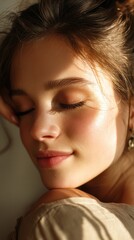 Fototapeta premium Close Up Portrait of a Woman with Glitter Makeup in Soft Sunlight