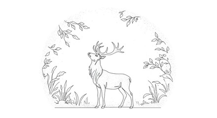 Fototapeta premium Elegant Deer Illustration in Nature with Clean Line Art