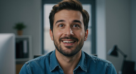 Fototapeta premium Man with bright smile wearing denim shirt in modern home office with window light. Friendly approachable portrait for professional networking, remote work lifestyle and digital communication platforms