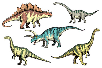 Fototapeta premium Dinosaur drawing colorful group scene showing multiple prehistoric dinosaurs in a playful and detailed composition for educational and creative visuals.