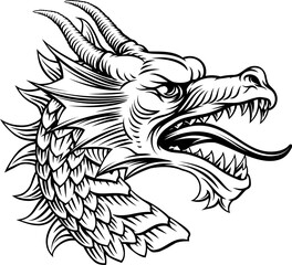 Dragon head, an original illustration in a retro woodcut etching vintage style