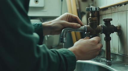 Plumber Adjusting a Faucet in an Industrial Setting