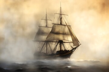 Fototapeta premium A majestic sailing ship navigating through a dense fog on a turbulent sea with sails unfurled wide