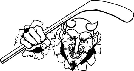 A devil or satan ice hockey sports mascot cartoon character holding a stick