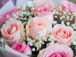 Wedding flowers, pink roses and white gypsophilia