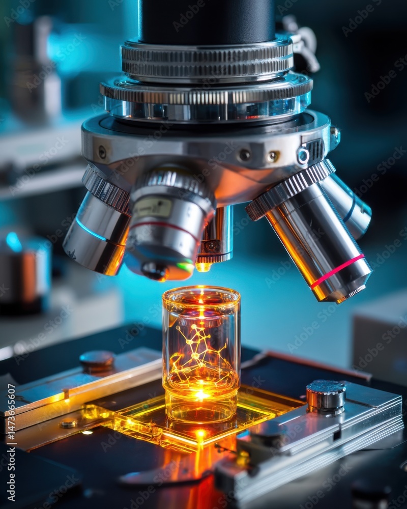 Poster closeup of a microscope analyzing a luminous sample