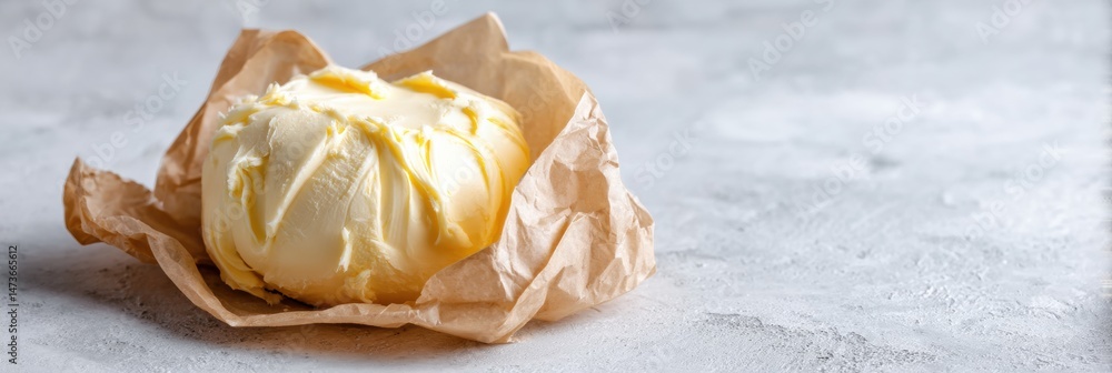 Poster homemade butter wrapped in paper on a light surface ready for use in cooking and baking activities