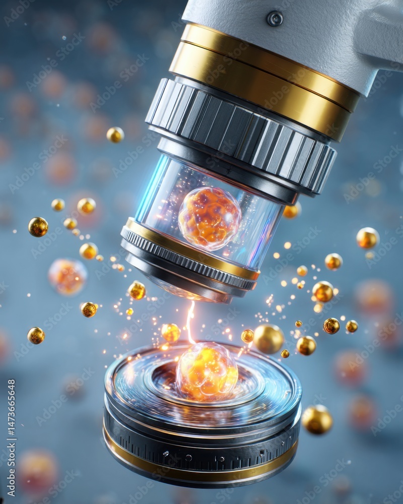 Poster closeup of a microscope analyzing luminous cells with sparks