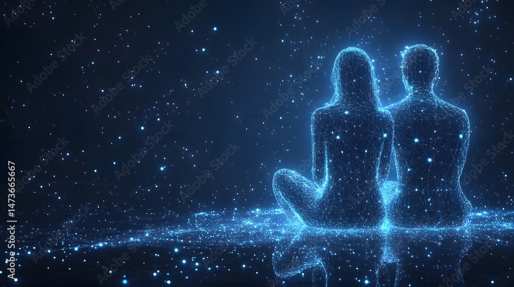 Aufkleber meditative figures glow with interconnected light points against a starlit expanse. a digital cosmic