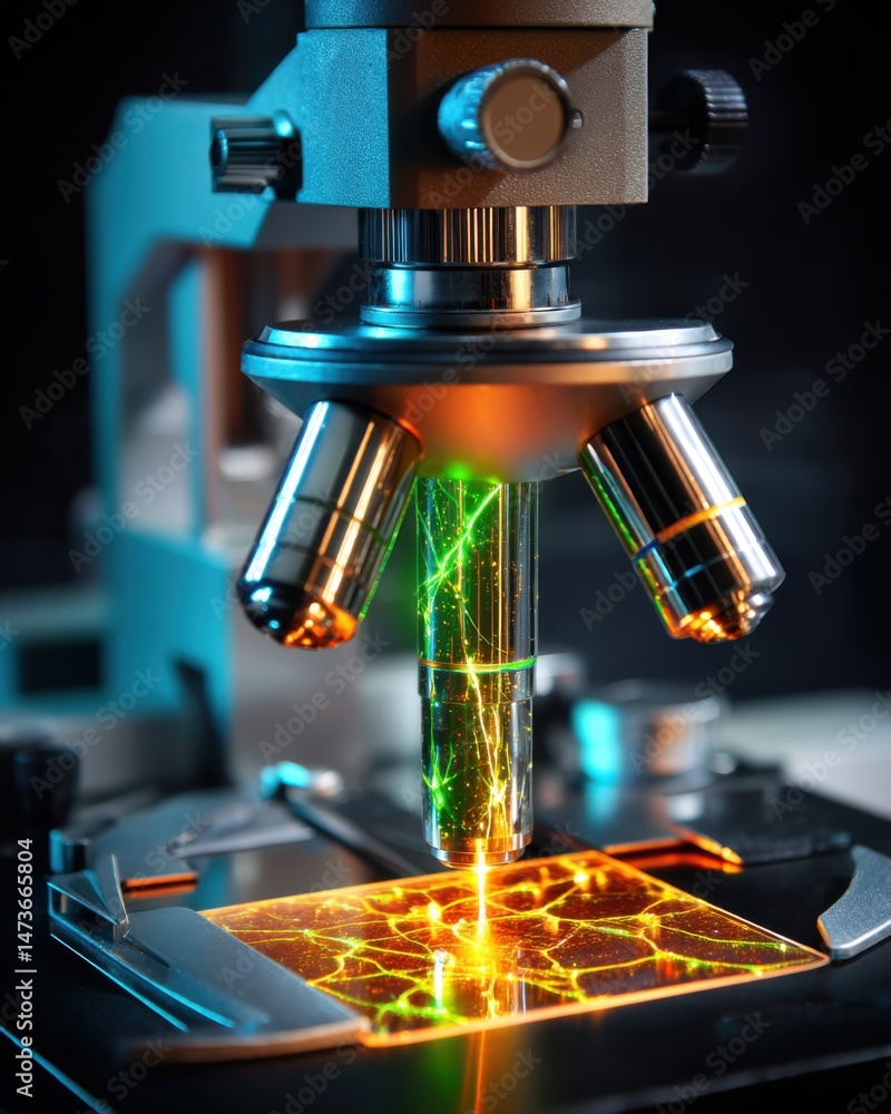 Poster closeup of a microscope illuminating a glowing sample