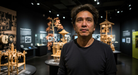 Man in black t-shirt with thoughtful expression in museum exhibition surrounded by wooden architectural models. Cultural appreciation for traditional craftsmanship, artistic heritage preservation