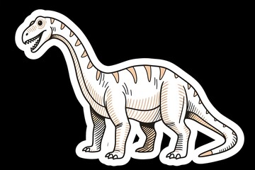 Fototapeta premium Dinosaur drawing cute cartoon brachiosaurus in white outline on black background, ideal for kids’ stickers, books, and playful designs.