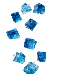 Obraz premium Translucent Blue Crystals Falling on Transparent Background, PNG