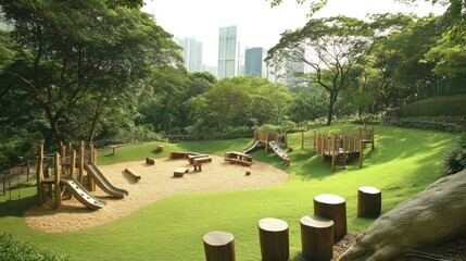 Urban park playground nestled in lush greenery