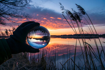 Reflection of person hand holding crystal ball against sky during sunset