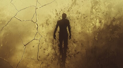 Mysterious figure emerges from cracked golden surface in artistic representation of transformation and emergence