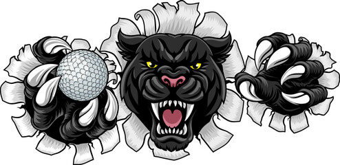 Black panther leopard or jaguar cat golf sports team mascot holding a ball