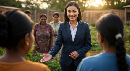 Smiling businesswoman in blue suit gesturing while talking to community women in garden. Social entrepreneurship supporting sustainable agriculture and women empowerment for rural development