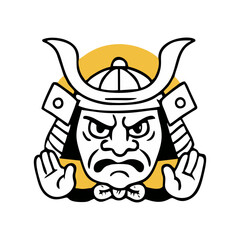 Chibi Style Emoticon Samurai Vector Character with Traditional Helmet and Happy Expression for Japanese Warrior Mascot Illustration and Cute Cartoon Icon Logo Design