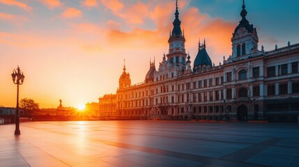 Stunning Silhouette of Grand European Palace Against Colorful Sunset Sky