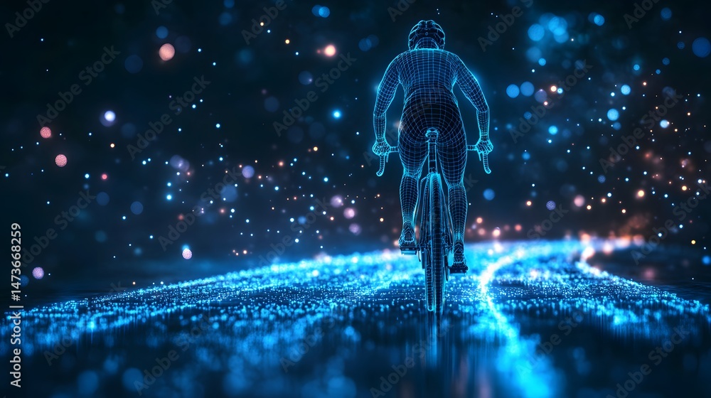 Poster a cyclist races on a road constructed of glowing blue particles, creating a futuristic scene. perfec