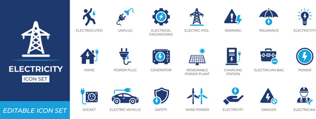 Electricity icon set. Solid icon collection.