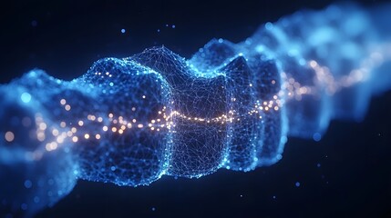 Futuristic digital network visualization. Luminescent blue lines interconnect with warm orange nodes against a dark backdrop, resembling a DNA structure. Abstract wireframe in dark blue