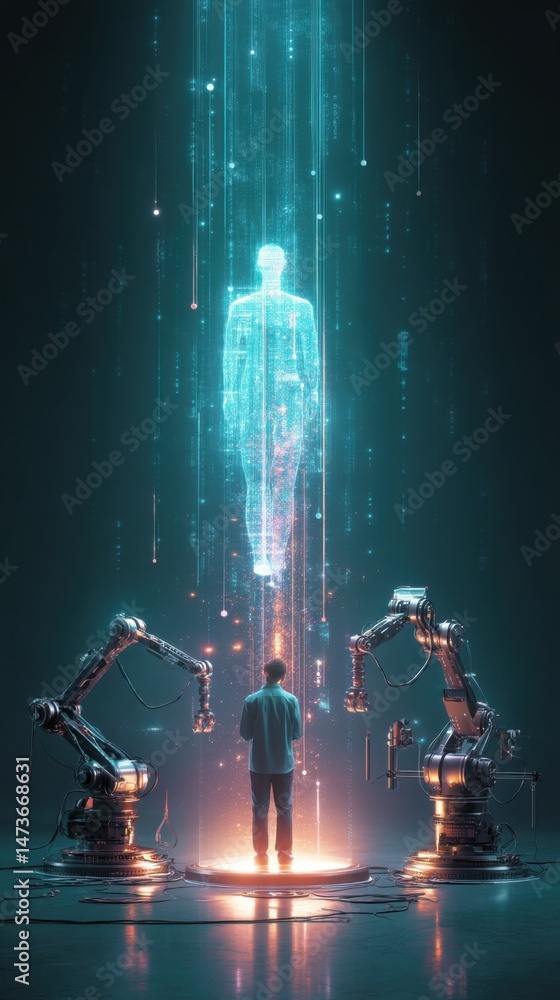 Poster digital humanoid emerging from data stream between robotic arms